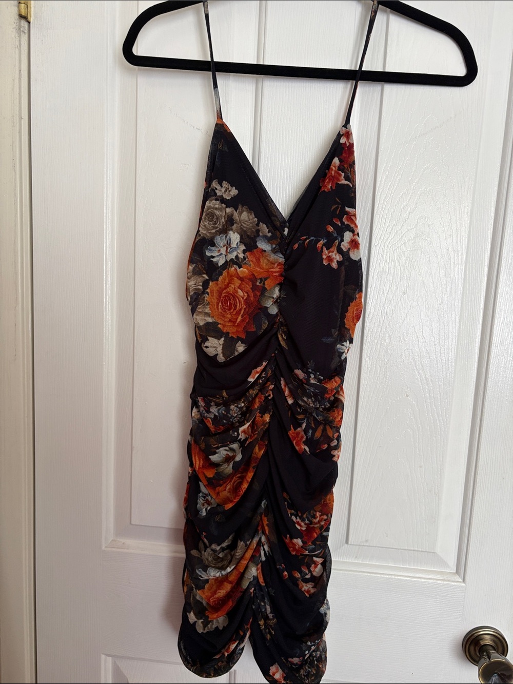 Fashion Nova Black Mini Dress with Orange Floral Ruched Bodycon